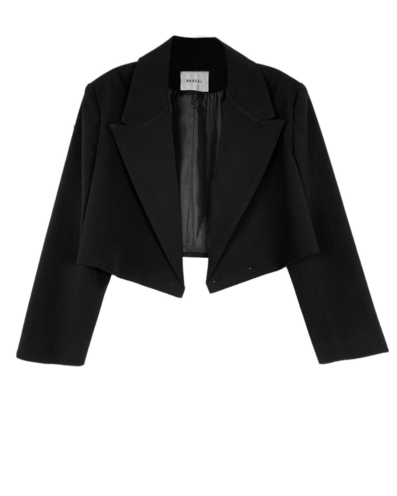 Front of a size 2 The Cropped Blazer in Black in Black by BAACAL. | dia_product_style_image_id:316013